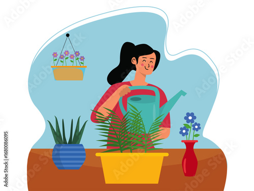 Young woman blooming plants and flowers. Gardening illustration. Flat vector illustration concept.