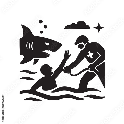 Rescue team pulling person away from shark, silhouette vector illustration
