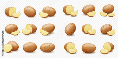 A collection of fresh, raw potatoes, some whole and others cut into halves or wedges, presented with subtle shadows on a transparent background.
