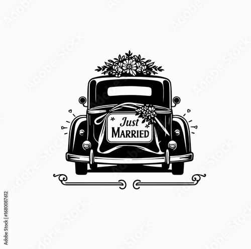 Wedding Car Silhouette – Classic Just Married Vehicle with Floral Decoration