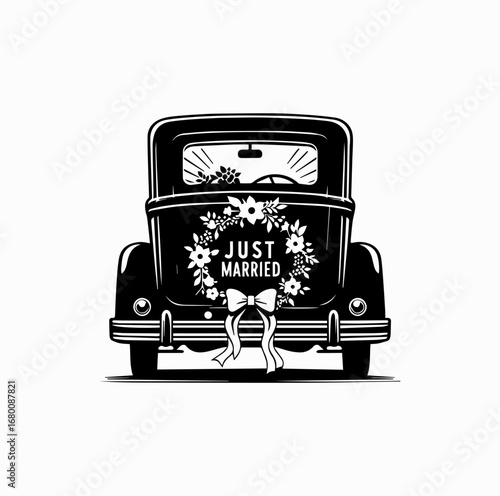 Wedding Car Silhouette – Classic Just Married Vehicle with Floral Decoration