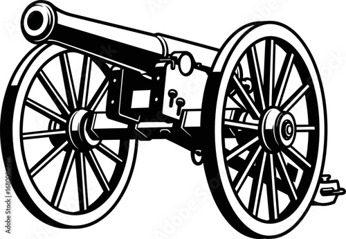 Vintage Cannon with Spoked Wheels, Black and White Illustration