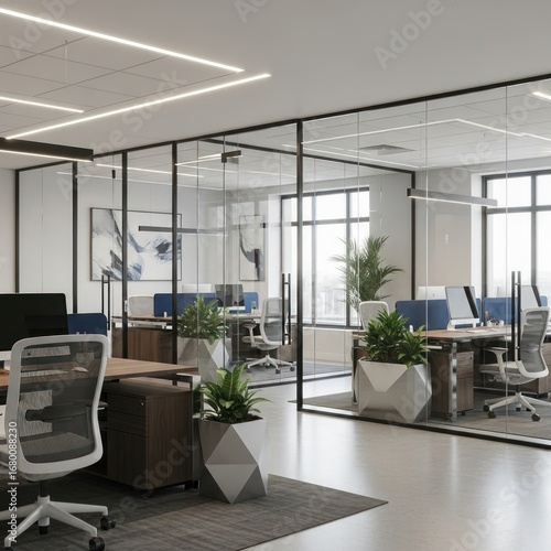 Modern open-plan office interior with glass partitions, ergonomic workstations, linear LED lighting, and biophilic design elements like potted plants.
