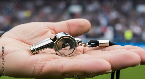 Close up of a referee's hand holding a metal whistle during a soccer game with blurred stadium background and crowd cheering