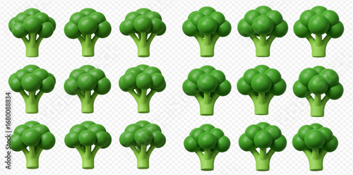 Fifteen stylized green broccoli florets arranged neatly in a grid pattern on a transparent background, showcasing healthy vegetables.