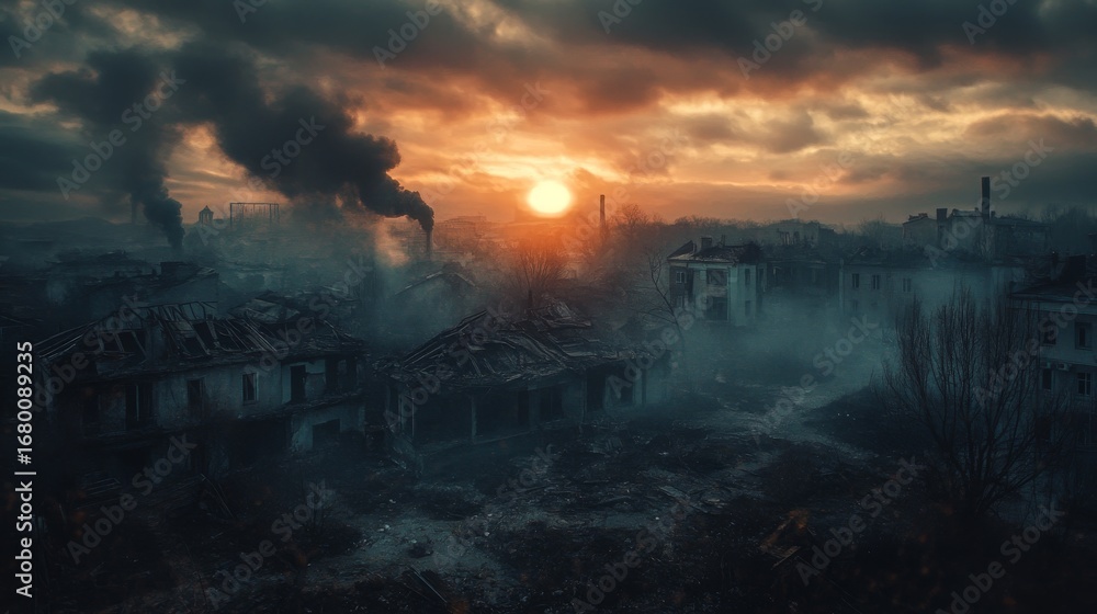 Obraz premium Disturbing post apocalyptic sunset scene. A cityscape on fire, with smoke in the air. A symbol of hope in destruction.