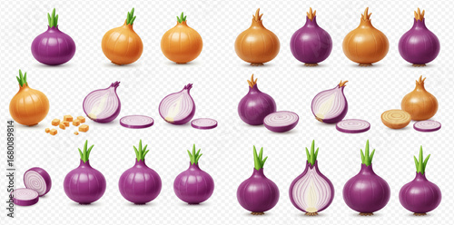 Collection of whole, halved, and sliced red and yellow onions with green sprouts, isolated on a transparent background.