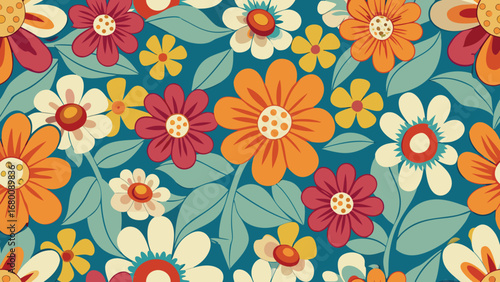Wallpaper Mural Retro floral pattern with orange red white yellow flowers and green leaves vintage Torontodigital.ca