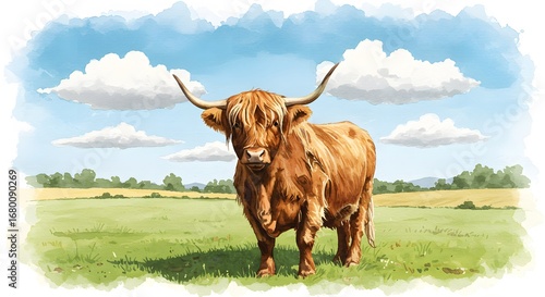 Watercolor Highland cow stands in a green field fluffy clouds in blue sky trees on horizon