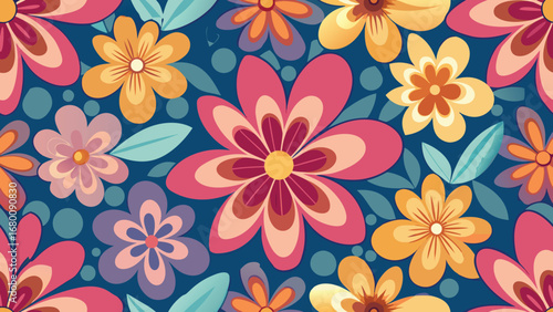 Retro floral pattern with pink orange and yellow flowers on blue background vintage