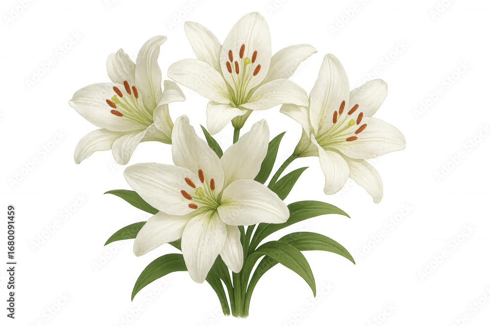 Obraz premium Four elegant white lilies blooming gracefully on a transparent background, perfect for various design projects