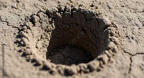 Close-up of a small, freshly dug hole in dry cracked earth symbolizing drought and barrenness in a natural landscape