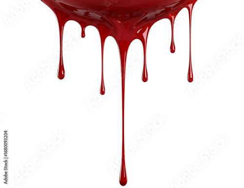 Thick, viscous red liquid dripping in long, thin strands against a stark transparent background, evoking a sense of danger or intensity