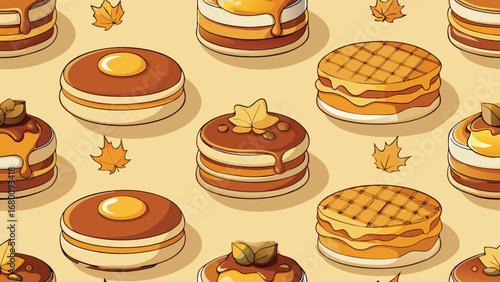 Stacked pancakes with syrup and autumn leaves pattern on a cream background breakfast