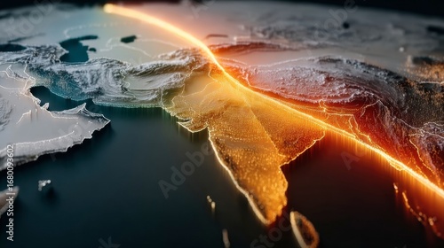 Plate Tectonics Dynamics: A digital art display of tectonic plates converging, depicting the dynamic forces that shape our planet, perfect for educational and scientific contexts.