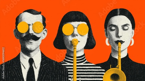 Modern Pop Art Collage with Retro Musicians and Red Glasses