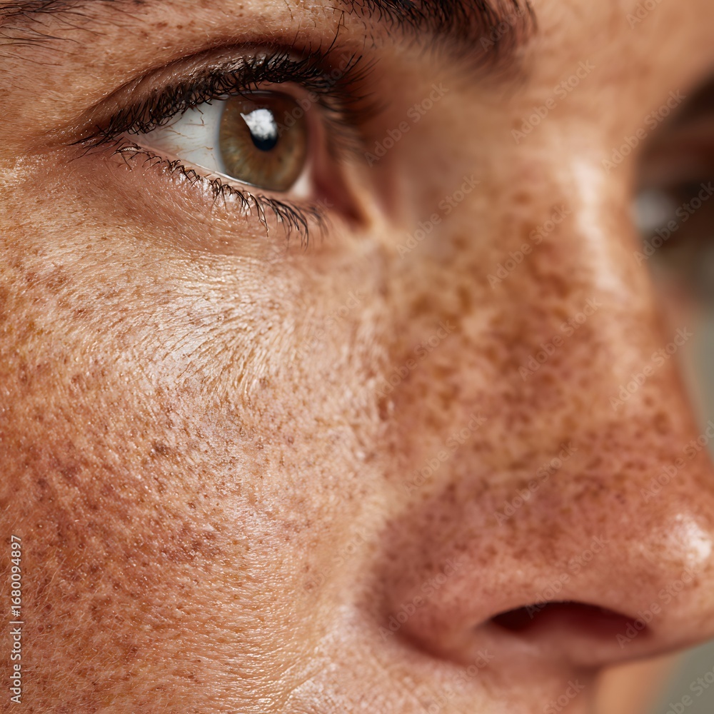 Fototapeta premium Macro photo of a mother's face after giving birth. The skin texture and blemishes are clearly visible and natural.