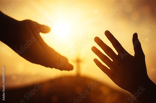 Silhouette Hands Reaching in Golden Sunset with Cross Symbol