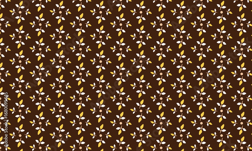 Repeating pattern of delicate white and yellow flowers with green leaves on a dark brown background
