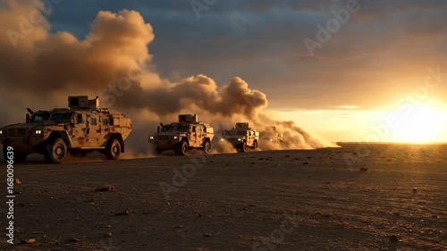 Armored military vehicles kicking up dust in a vast desert landscape at a dramatic sunset.
