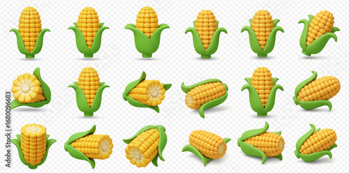 A collection of 3D rendered corn cobs with green husks, shown whole, partially peeled, and cut, against a transparent background.