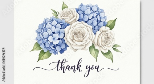 Elegant Blue Hydrangea and White Rose Floral Thank You Card