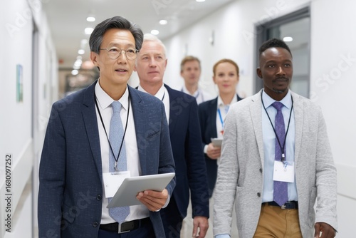 Hospital administrators and auditors conduct a quality accreditation inspection. Concept for healthcare management and standards.