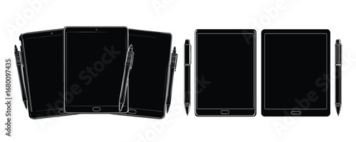tablet and stylus silhouette set technology vector illustration
