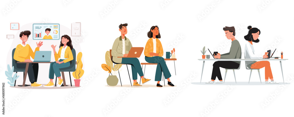 Fototapeta premium flat vector illustration of business meeting with four people in modern office