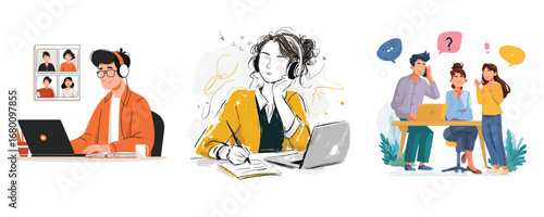 flat vector illustration of young woman working remotely with laptop at home
