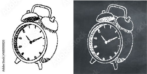 Chalk hand drawn alarm clock vector for time management, schedule, and deadlines. Useful for illustrating a rustic, simple look for a business or a creative project.