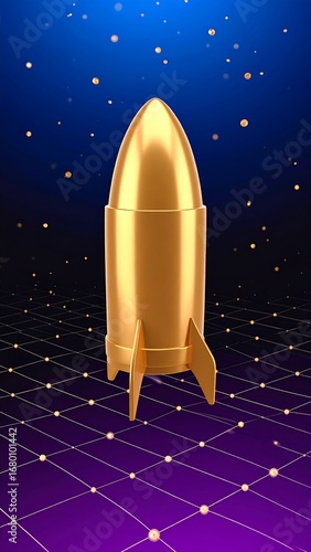 Golden rocket bullet on a digital space grid