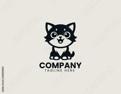 Cute meowing kitten silhouette illustration designed as simple vector logo in black graphic style
