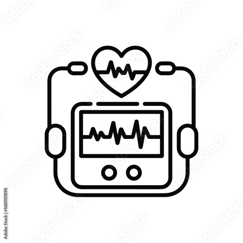 Defibrillator and Heart Monitor Line Art – Emergency Medical Device Illustration with ECG Waveform and Heart Symbol