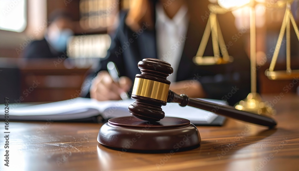 custom made wallpaper toronto digitalClose-up of a wooden judge hammer resting on a court desk, with a writing lawyer in the blurry background