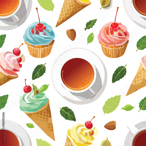 Seamless pattern of colorful cupcakes ice cream cones and tea cups cherry mint leaf