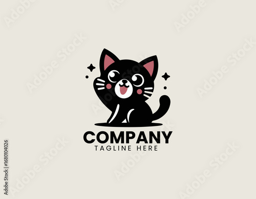 Cute meowing kitten silhouette illustration designed as simple vector logo in black graphic style