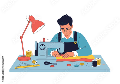 Skilled artisan concentrating on detailed work operating a sewing machine in a brightly lit workshop creating custom garments