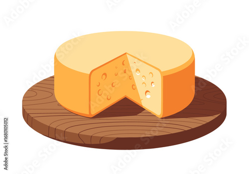 A delicious round of cheddar cheese with a slice cut out on a rustic wooden board