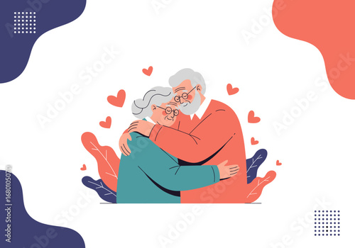 Elderly couple embracing with love surrounded by hearts and abstract shapes celebrating their enduring relationship