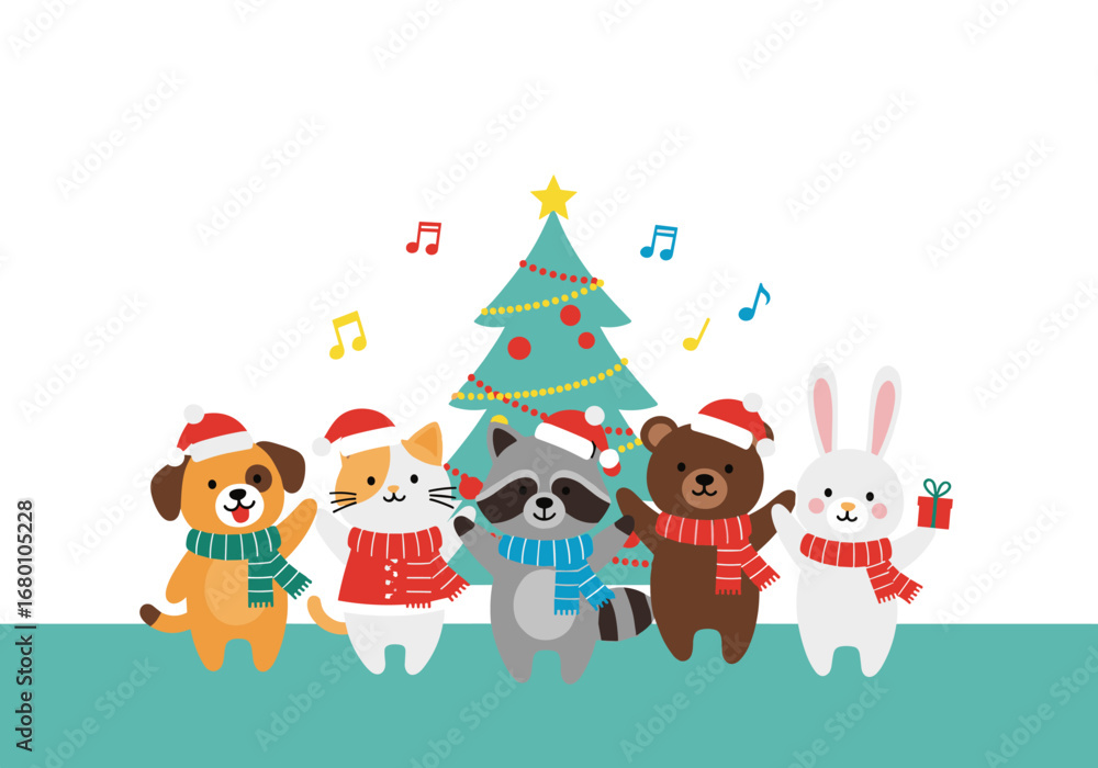 Fototapeta premium Cute cartoon animals wearing santa hats and scarves singing christmas carols together in front of a decorated christmas tree celebrating the holiday season