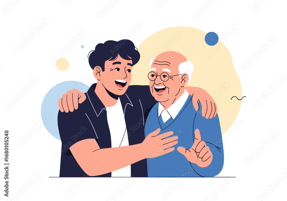 Fototapeta premium Generational bond between a young man and his smiling grandfather sharing a heartfelt moment together showing love and respect