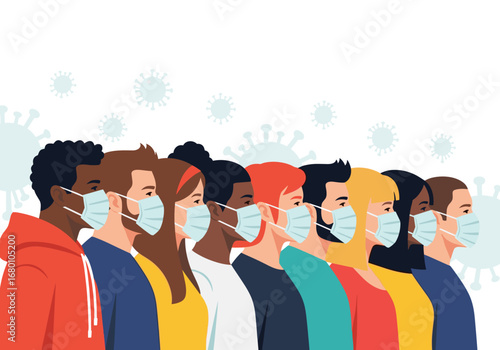 Diverse group of people wearing face masks during pandemic outbreak protection measures