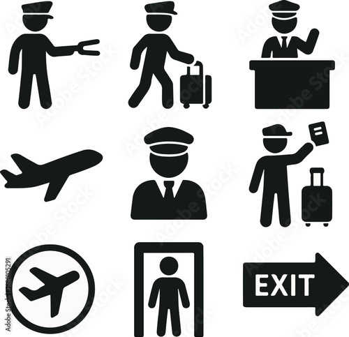 Airport travel icons representing security, boarding, and passenger procedures for easy wayfinding