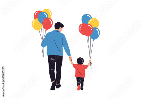 Father and son walking together holding balloons on a bright and cheerful day