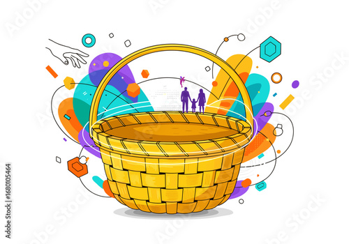 Whimsical yellow woven basket surrounded by colorful abstract shapes and figures representing family and community gathering