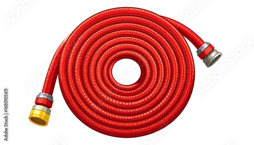 A coiled red garden hose