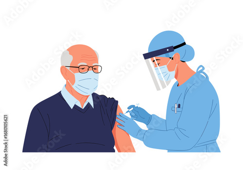 Elderly man receives covid 19 vaccination from healthcare professional during pandemic