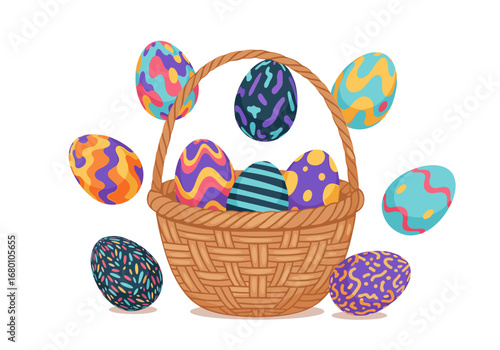 Vibrant colorful easter eggs arranged around a woven basket in a festive holiday celebration