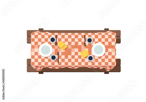 Overhead view of a rustic wooden picnic table set with checkered tablecloth plates cutlery and food for a delightful outdoor dining experience